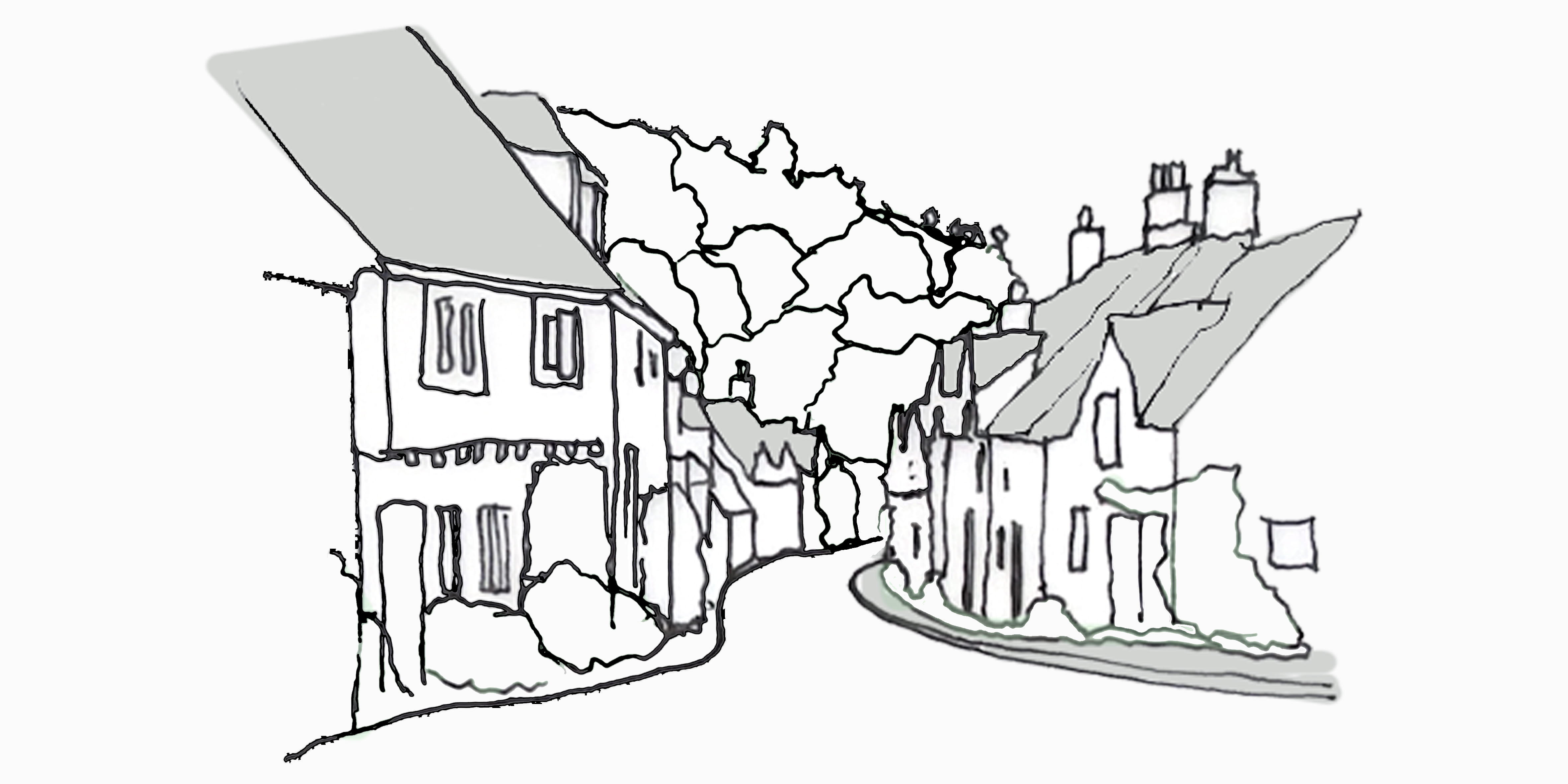 A sketch of a winding street surrounded by charming houses and trees in a rural setting.