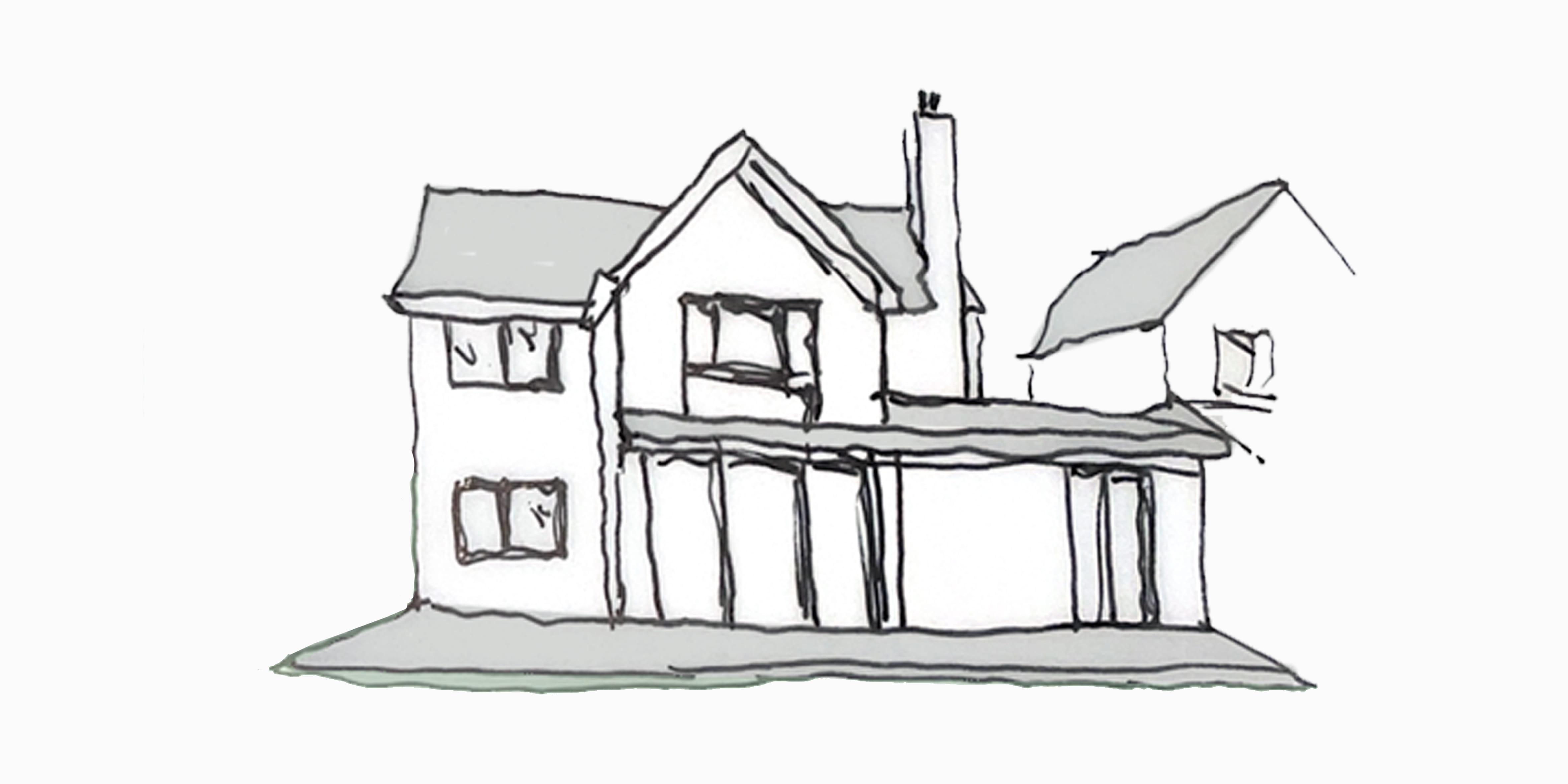 A simple sketched illustration of a house with a sloped roof, large front windows, and a porch.
