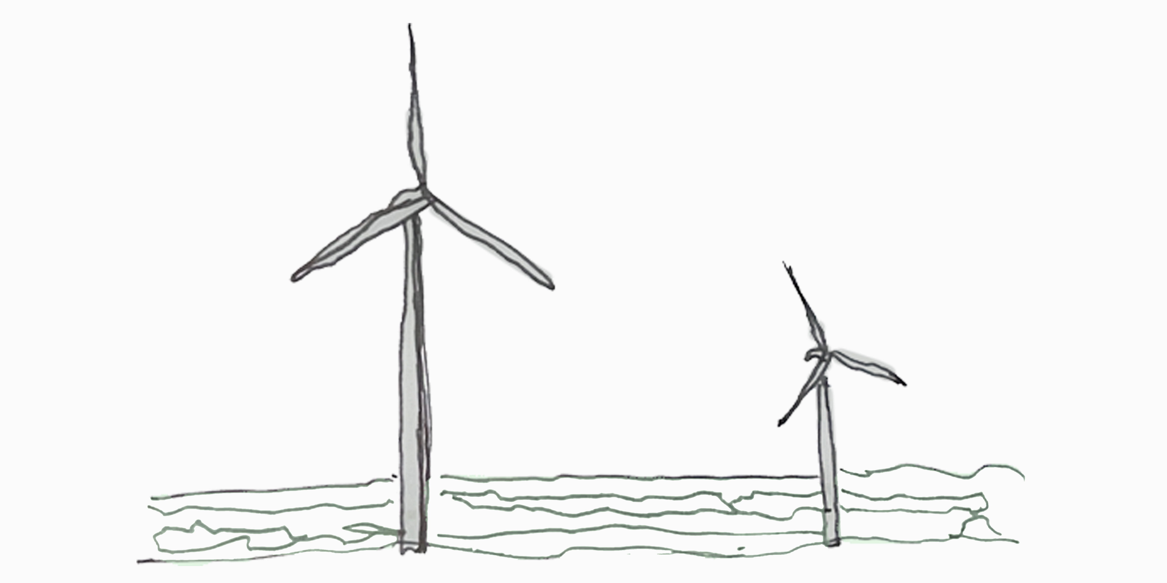 A simple illustration of two wind turbines beside each other, with waves in the background.